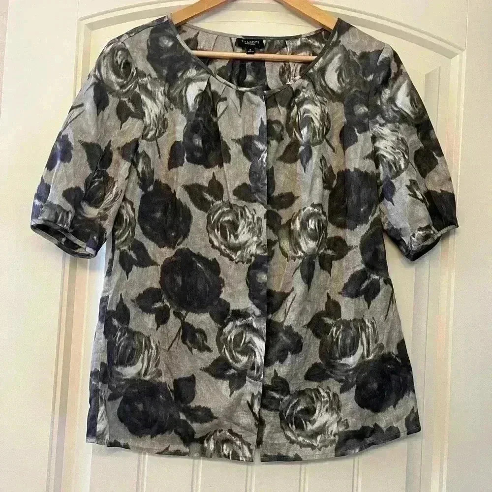 Talbots gray and tan floral light shirt blouse top ladies size 8 short sleeve